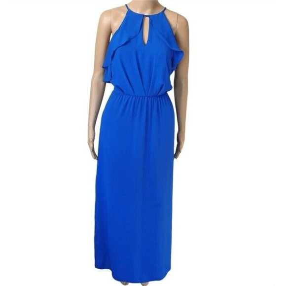 Forever new dress Sze 12 blue evening cocktail drape cut-out ruffle flowy split - Picture 2 of 7